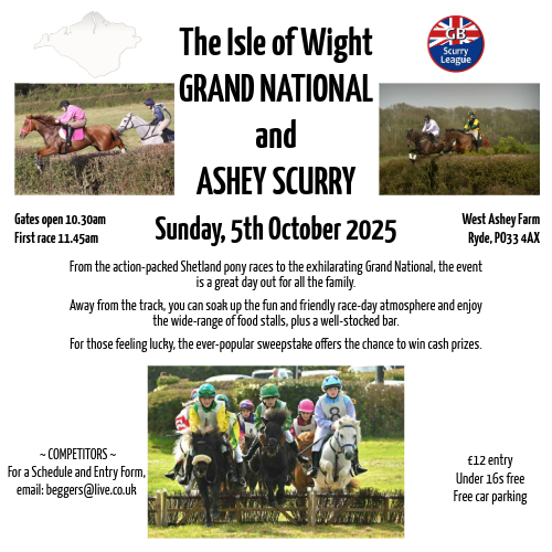 Poster for the Isle of Wight Grand National and Ashey Scurry, featuring photos of children riding ponies in a race, set in a rural outdoor environment. The event is scheduled for Sunday, 5th October 2025 at West Ashey Farm, Ryde, PO33 4AX. Gates open at 10.30am, first race at 11.45am. The poster describes a family-friendly day with Shetland pony races, a sweepstake, food stalls, and a bar. Entry is 12 pounds, under 16s free, free car parking. 